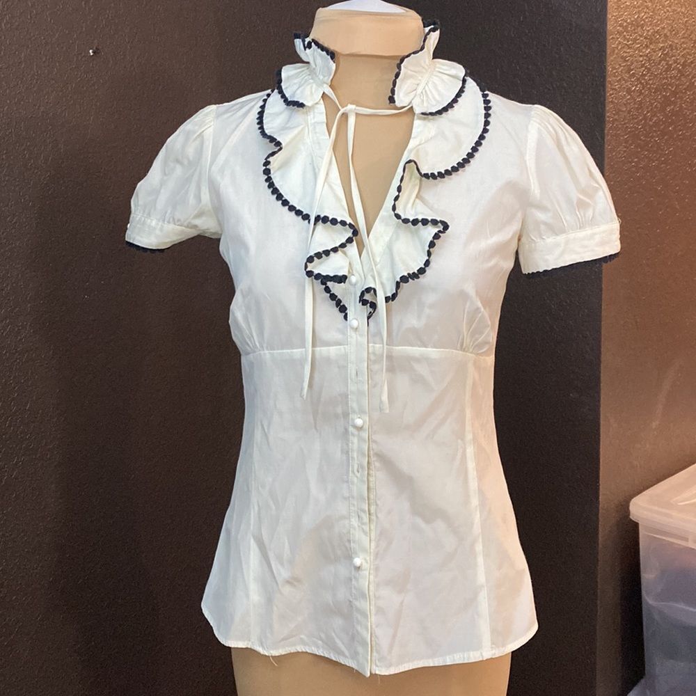 Basic cream black bubble trim cotton ruffled v tie neck button down blouse top